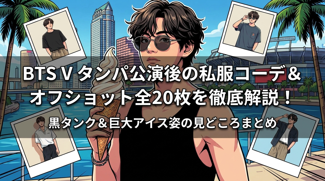 BTS V タンパ公演後の私服コーデ＆オフショット全20枚を徹底解説！黒タンク＆巨大アイス姿の見どころまとめ