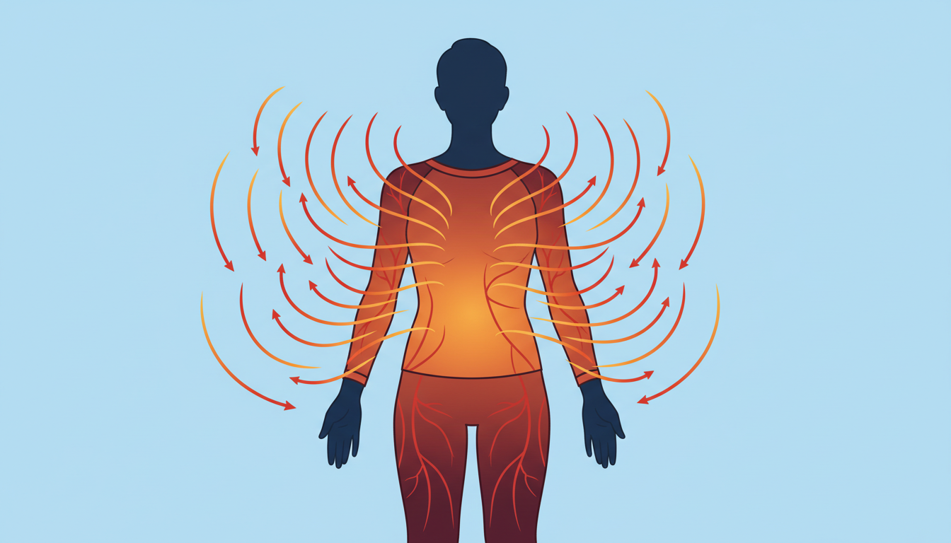 リカバリーウェアの「遠赤外線の輻射」メカニズムを解説する図解イラスト。人物の体のシルエットが描かれ、体から放出された熱（体温）がウェアの生地に吸収され、再び体へと跳ね返って（輻射して）じんわりと温まる