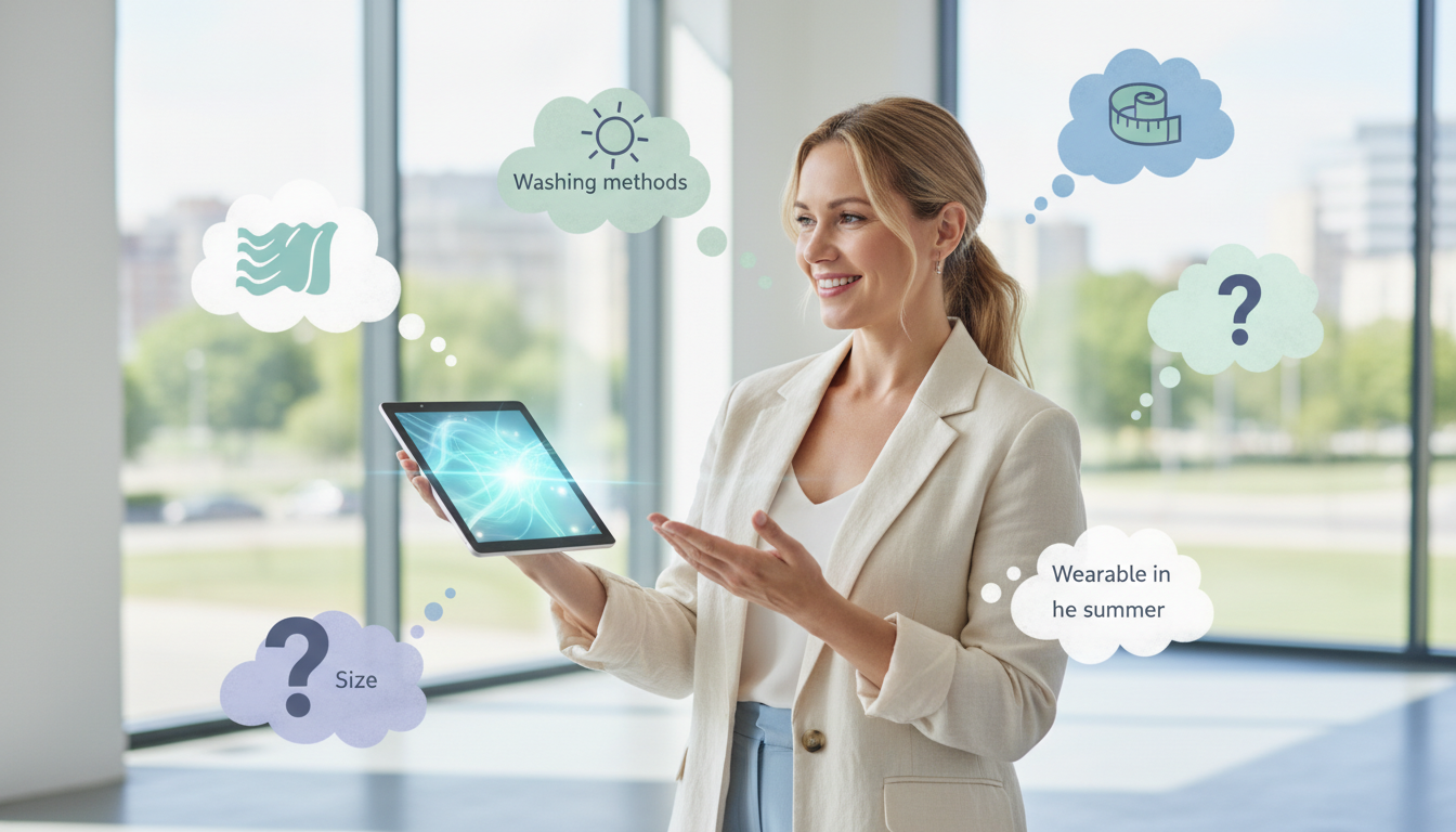 リカバリーウェアに関する疑問を解決している様子を描いたイラスト。笑顔の専門家風の女性がタブレットを持ち、分かりやすく解説しているイメージ。女性の周りには「洗濯方法は？」「夏でも着られる？」「サイズ選び