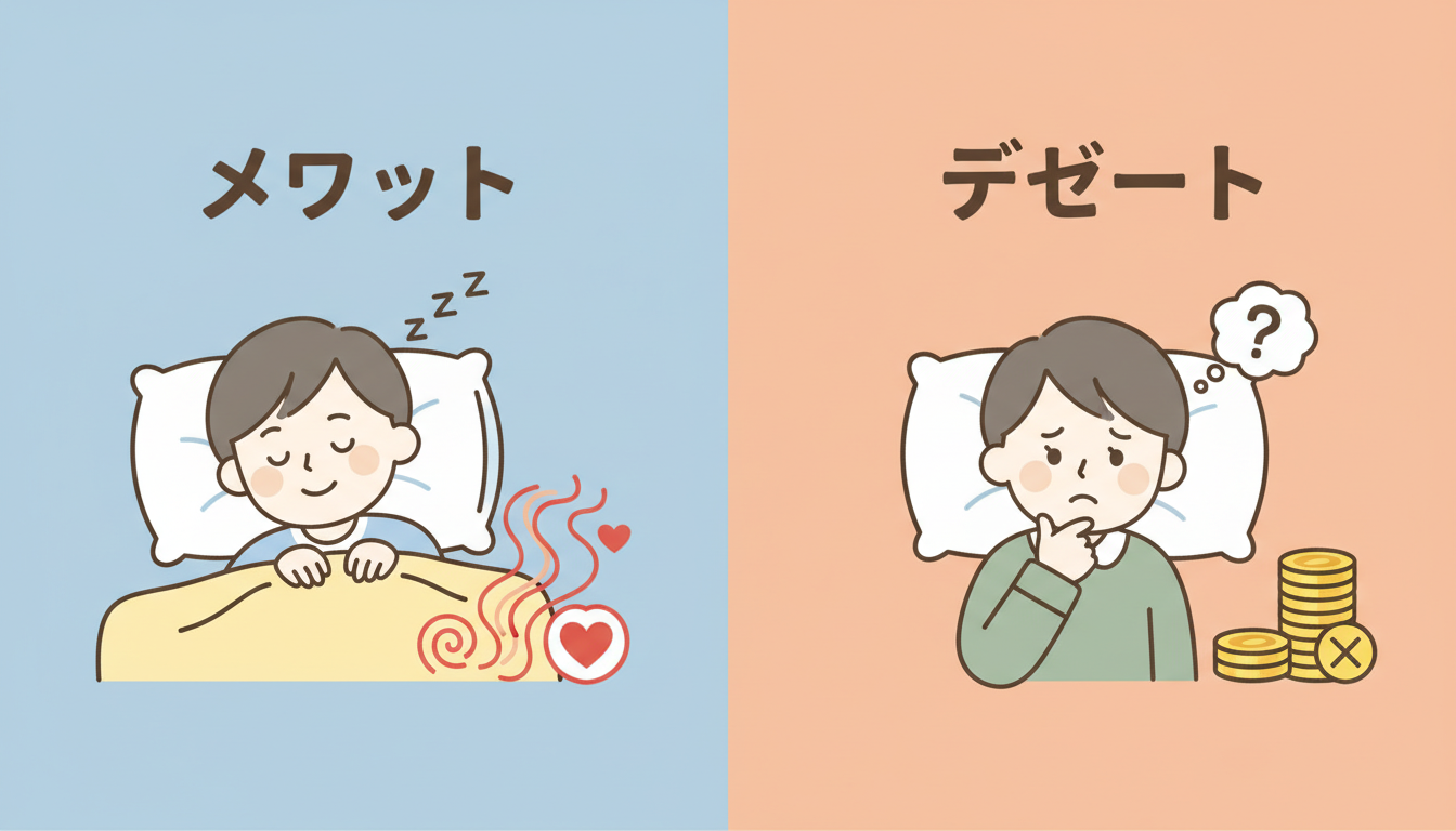 パジャマのメリットとデメリットを分かりやすく比較した図解イラスト。左側には「メリット」として、深く眠っている笑顔の人物や血行促進をイメージした温かみのあるアイコン。右側には「デメリット」として、少し悩