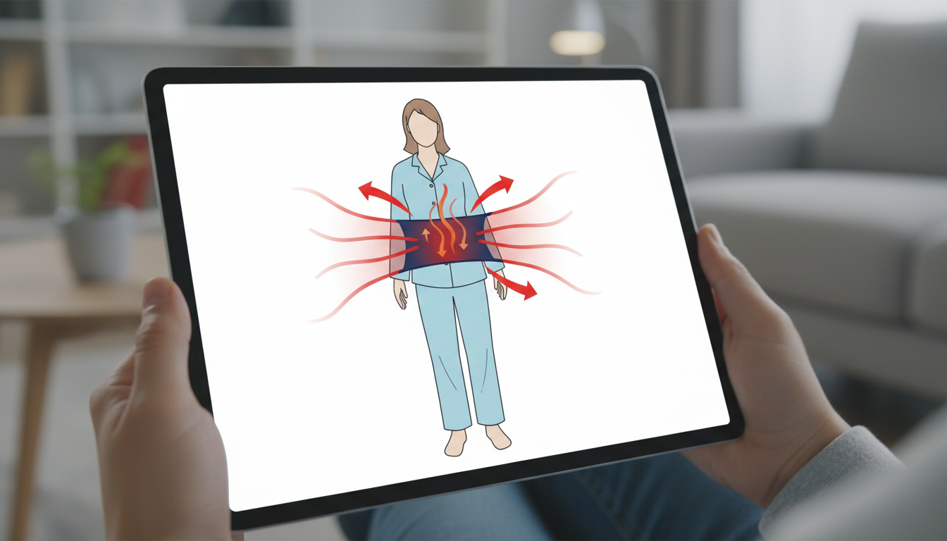 特殊な繊維が体温を反射して体を温める仕組みを説明した図解イラスト。人物の体の表面（パジャマの生地部分）から赤い波線（体温・遠赤外線）が放出され、それが生地に吸収された後、Uターンの矢印となって再び体に
