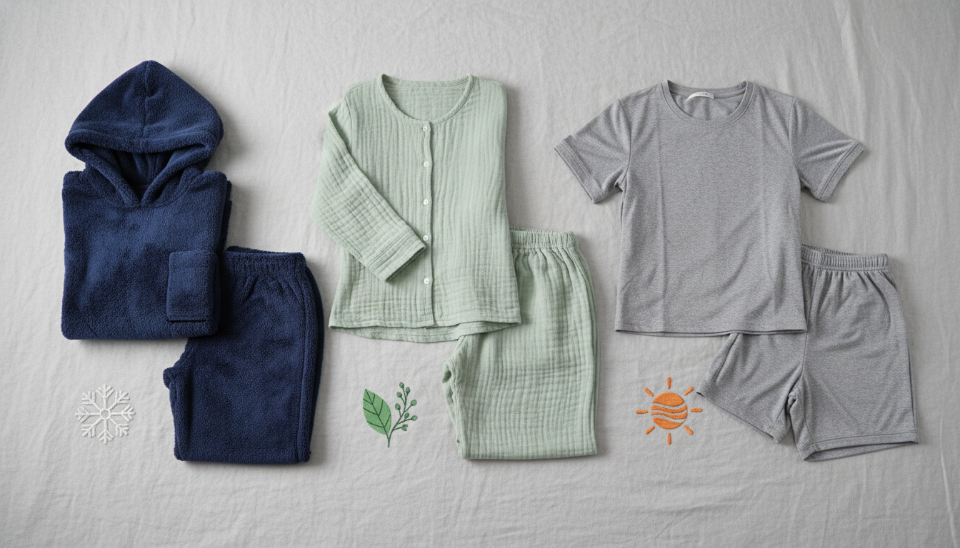 冬用の厚手のスウェット素材、肌に優しい柔らかいガーゼ生地、夏用のサラッとしたドライ素材の半袖という、3種類の異なるパジャマが並べて比較されている分かりやすいイラスト。それぞれのパジャマの横に、雪の結晶