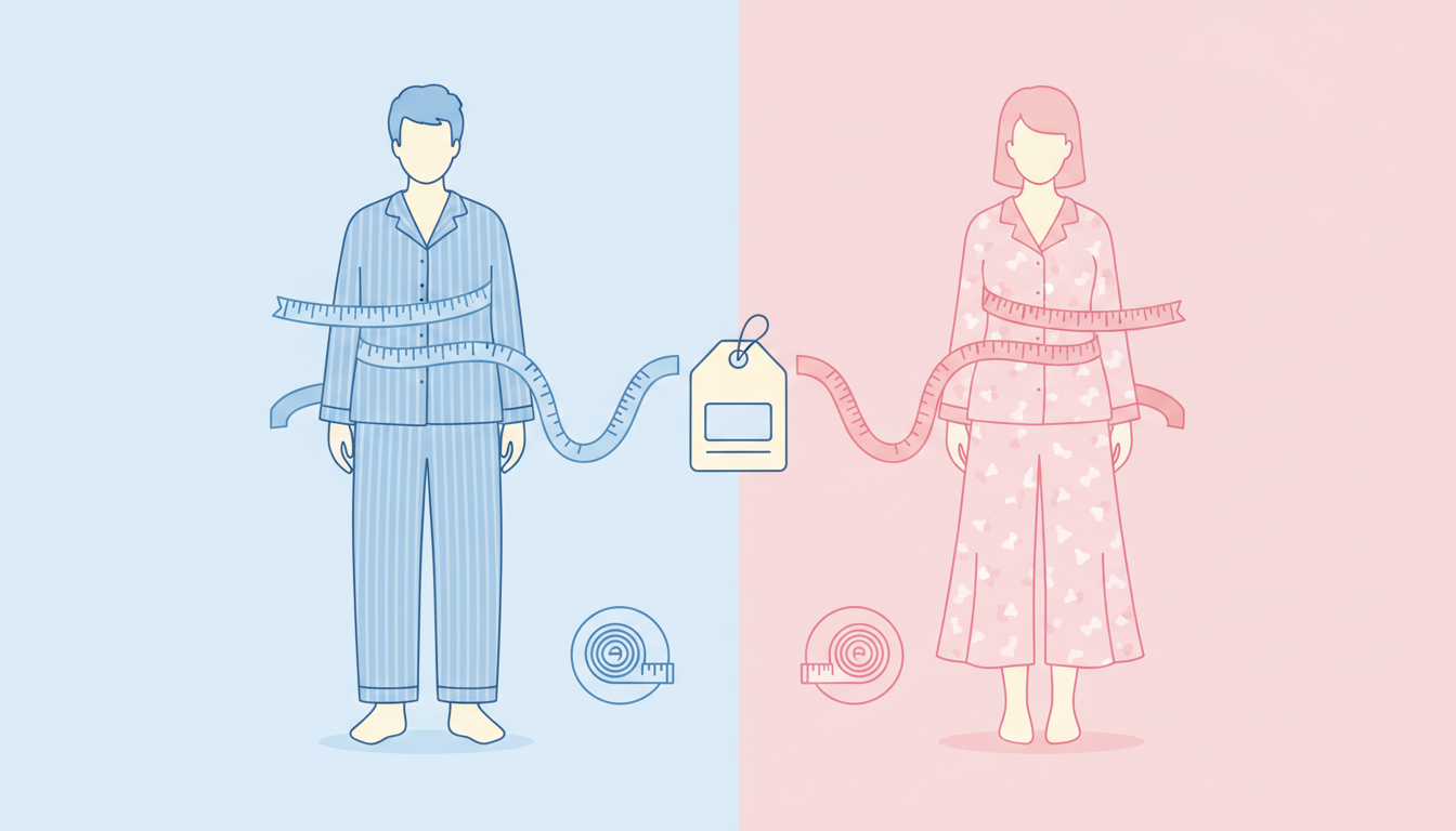 男女のシルエットアイコンが並んでおり、それぞれの体に合ったパジャマのサイズをメジャーで測っている様子を表現したイラスト。男性用と女性用で服の寸法が異なることを示す図解風のフラットデザイン。メジャーやサ
