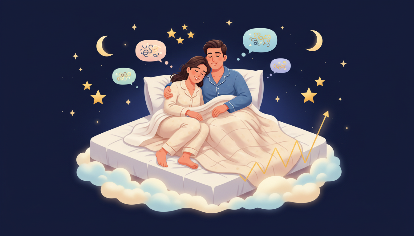 快適なパジャマを着て笑顔でリラックスしている男女のイラストを中心に、その周りに高評価を意味する星のアイコンや、感想が書かれた吹き出しが複数浮かんでいるデザイン。背景は夜空や星をあしらったネイビーブルー