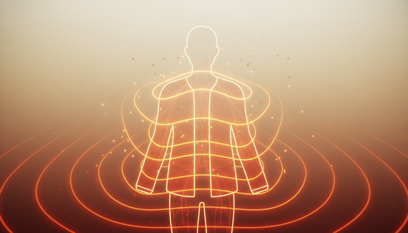 衣服の繊維から発せられる遠赤外線が、人の体をじんわりと温める仕組みを表現した概念的なイラスト。人の体のシルエットに対して、着ている衣類から温かいオレンジ色の波紋が跳ね返り、血行が促進されているようなポ