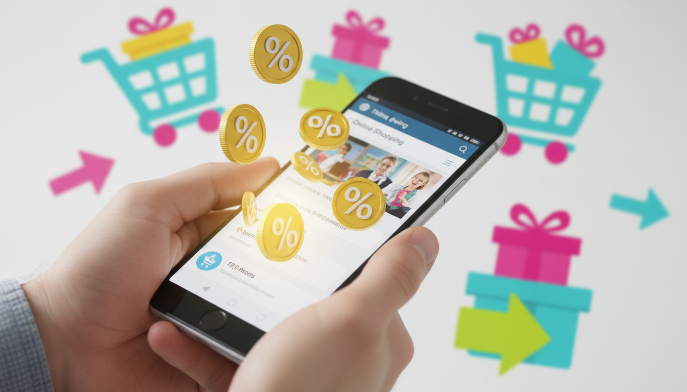 スマートフォンでオンラインショッピングをしている様子を表すイラスト。画面から大きなコインや「％」マークが飛び出しており、ポイント還元やセールのお得感を視覚的に表現している。背景にはショッピングカートや