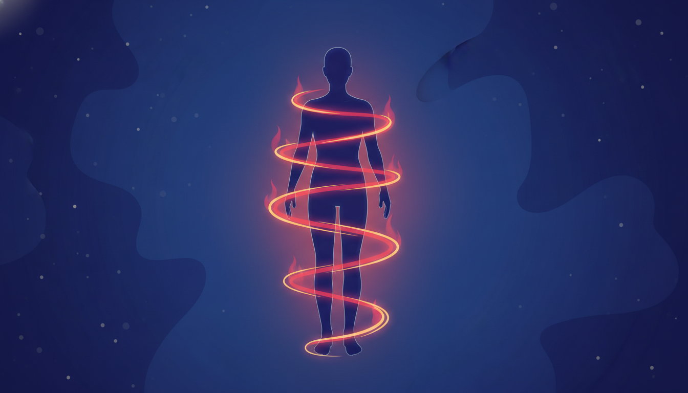 リカバリーウェアの特殊繊維による保温・疲労回復効果を説明する概念図解イラスト。人体のシルエットが温かいオレンジ色や赤色の波線（遠赤外線）で優しく包まれており、熱が体へ反射している仕組みを視覚的に表現。