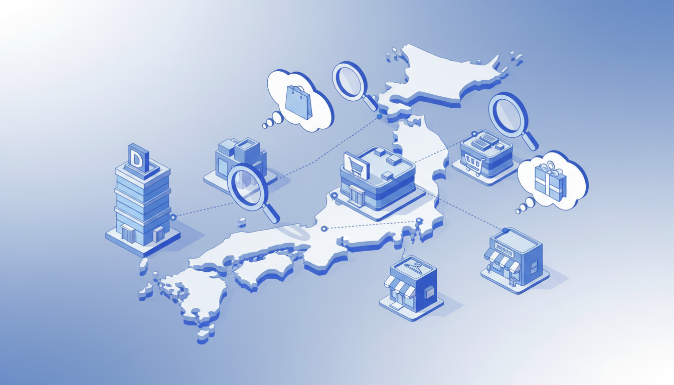 日本地図のイラストの上に、デパート、ショッピングモール、路面店など様々な種類の建物のアイコンが配置されている立体的なアイソメトリック図解イラスト。マップ上で「どこで買えるか」を探している様子をポップで
