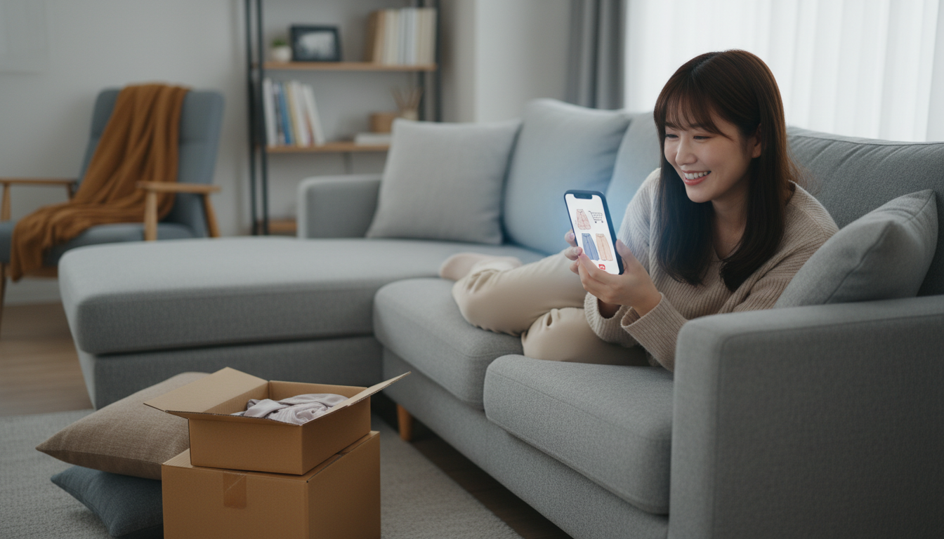 自宅のソファでくつろぎながら、スマートフォンを使ってオンラインショッピングを楽しんでいる笑顔の女性のイラスト。スマホの画面にはパジャマのイラストとショッピングカートが表示され、傍らには届いたばかりの段