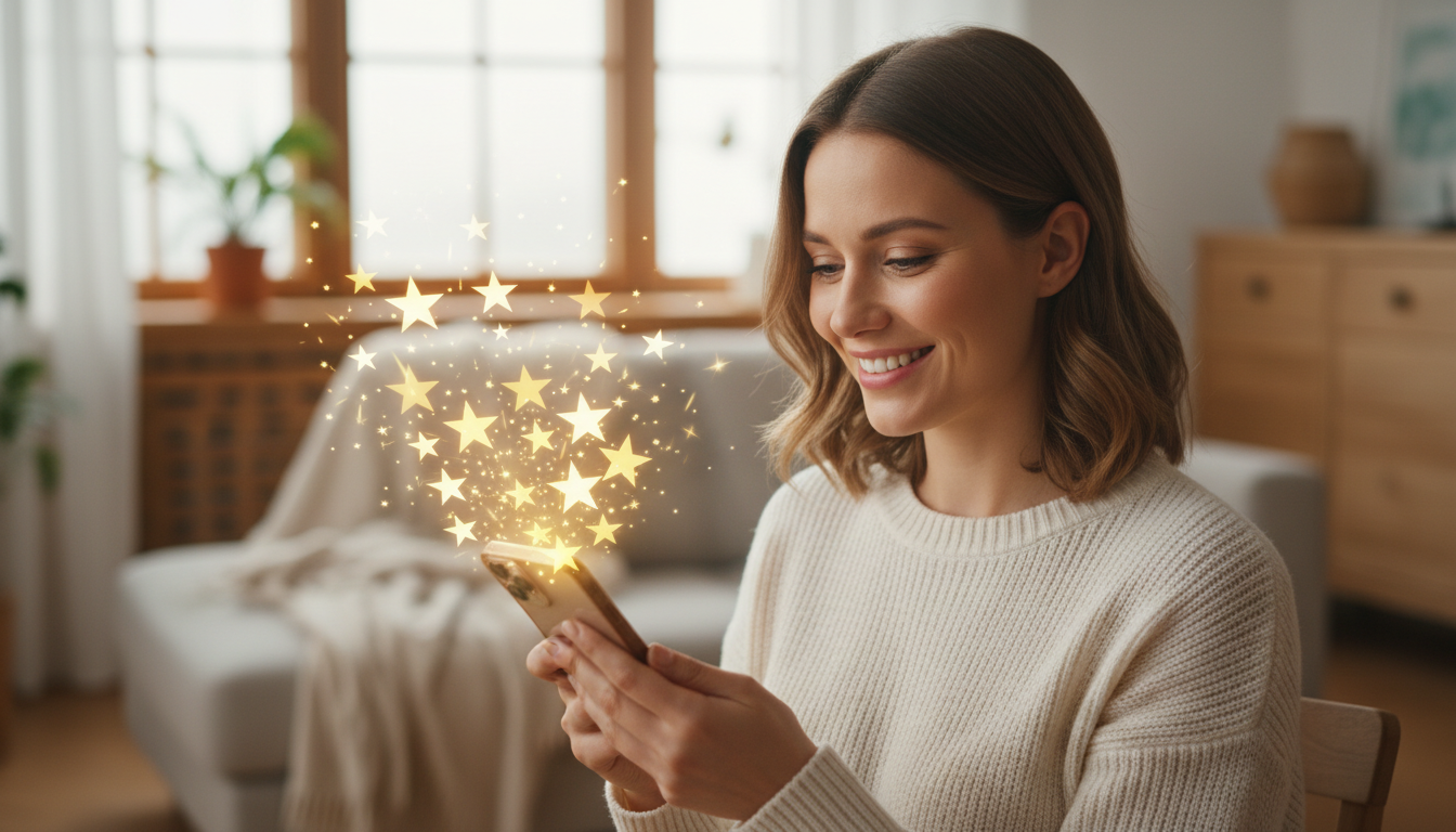 スマートフォンで商品のレビューを見ている女性のイラスト。画面からはキラキラとした星マーク（高評価）が飛び出しており、女性は安心したような明るい表情を浮かべている。清潔感のある温かみのあるトーンで、口コ