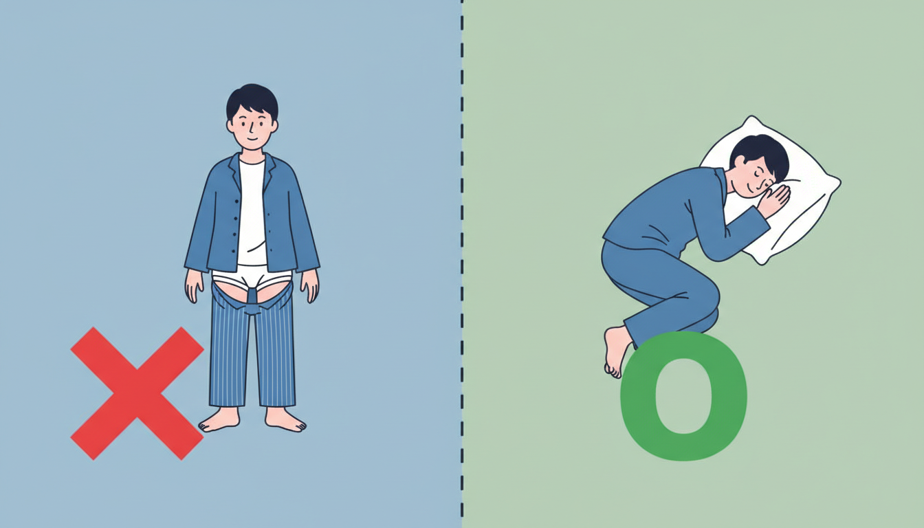 パジャマの着方のNG例とOK例を比較するイラスト。左側はパジャマの下にインナーを着てしまっているためバツ印（NG）、右側は素肌に直接着てリラックスしているため丸印（OK）が描かれている。図解風の分かり