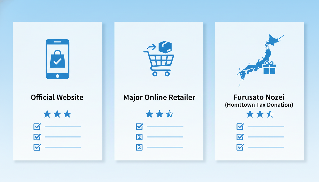 公式サイト、大手ネット通販サイト、ふるさと納税という3つの購入ルートの特徴とメリットを比較する図解インフォグラフィック。各ルートを表すアイコン（スマートフォンの公式ショップ、ショッピングカート、日本地