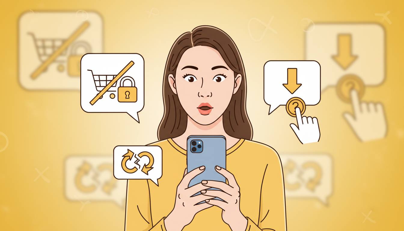 オンラインショッピングの決済時に、スマートフォンを手に持ちながら「ハッ」と大事なことに気づいている表情の若い女性のイラスト。周囲には『クーポン併用不可』『適用ボタン押し忘れ注意』といった注意喚起を促す