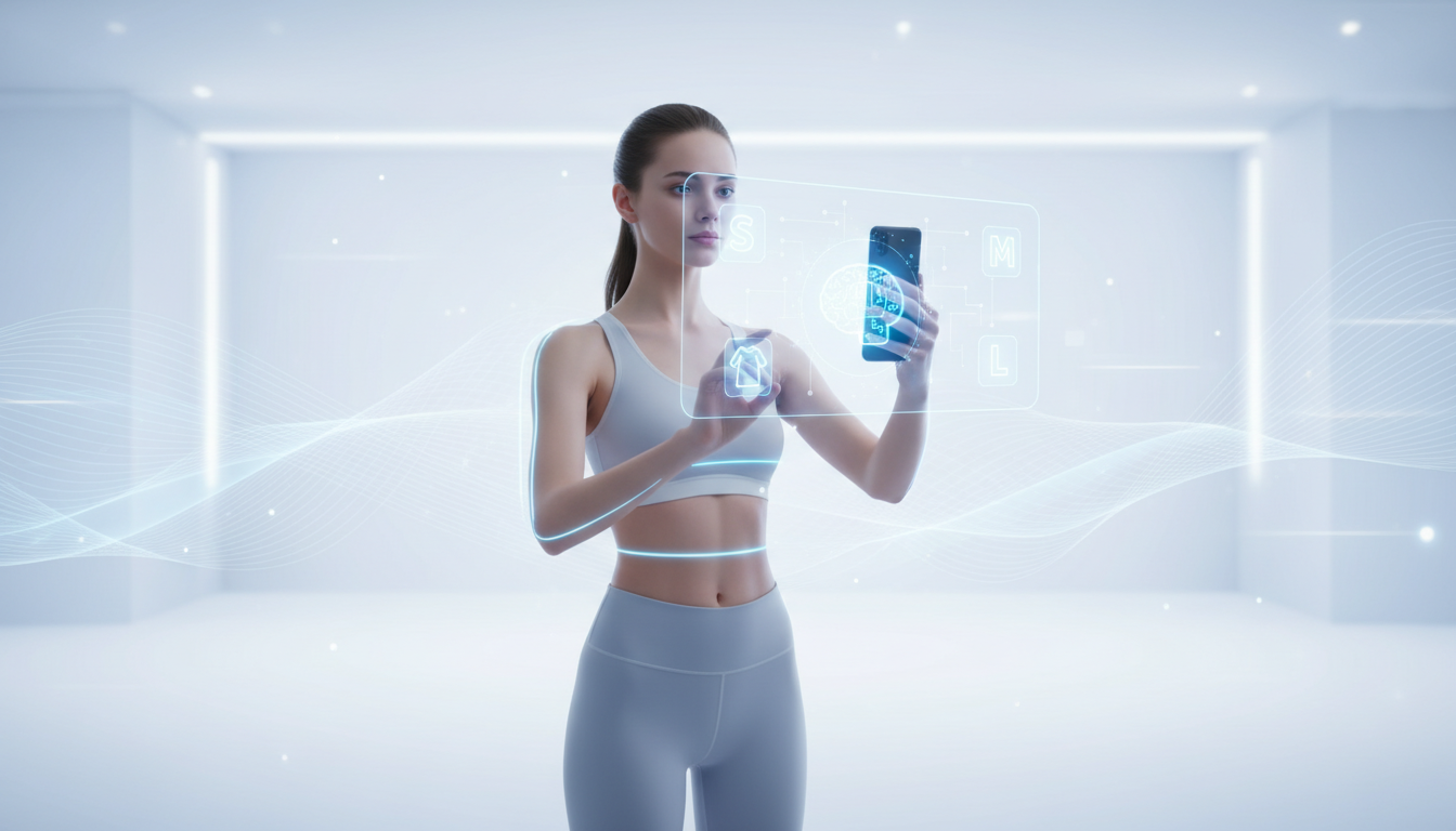 スマートフォンを使って自分の体型や洋服のサイズを計測している女性のイラスト。スマートフォンの画面から、人工知能をイメージしたホログラムや洋服のサイズ（S、M、L）のアイコンが浮かび上がっている様子。簡