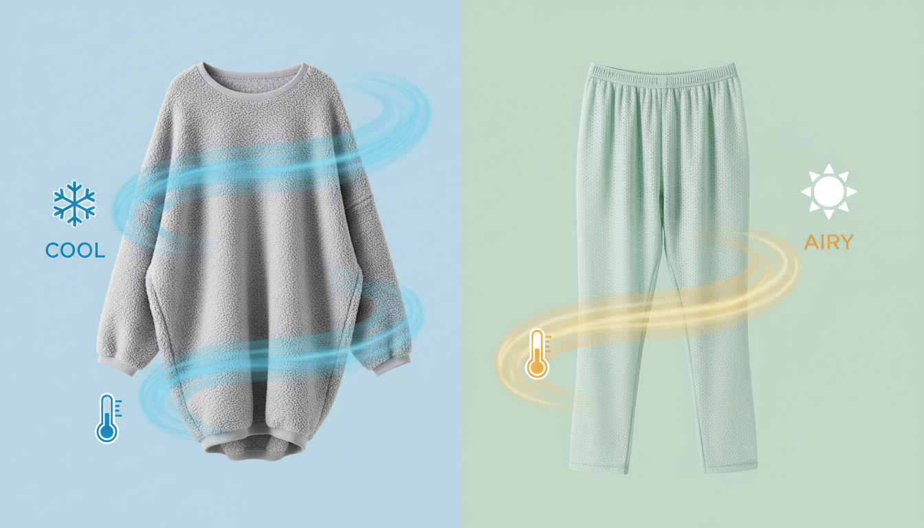2種類のパジャマのシルエットと生地の違いを比較するイラスト。左側はゆったりとした厚手のスウェット風パジャマ、右側は少しスッキリしたシルエットの薄手で通気性の良いメッシュ風パジャマ。それぞれの生地の質感