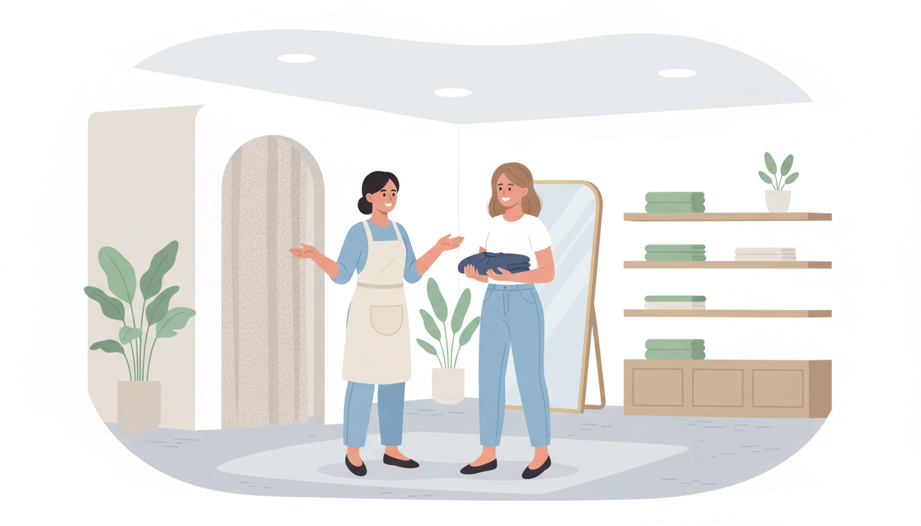 清潔感のあるモダンなアパレルショップの店内イラスト。笑顔の女性客が、専門スタッフからネイビーのリラックスウェアを受け取り、試着室について案内を受けている様子。サイズや着心地を安心して確認できる雰囲気を