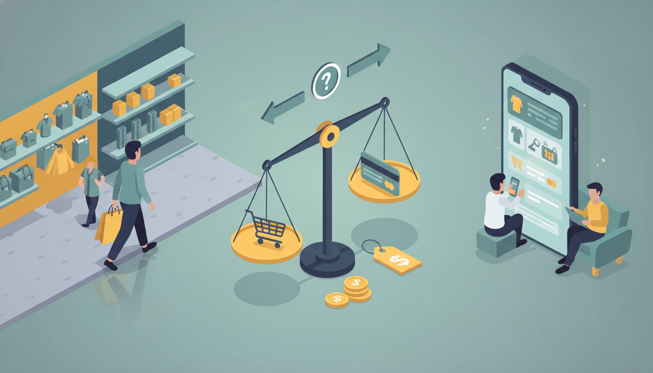 買い物方法を比較するアイソメトリックイラスト。画面の左側には実店舗で紙袋を持つ人物、右側には大きなスマートフォンの画面をタップしてオンラインショッピングをしている人物が描かれている。中央には天秤や比較