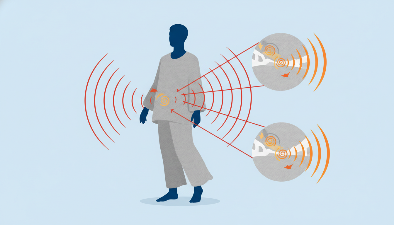 人体のシルエットに対して、パジャマの生地から赤い波線（遠赤外線）が反射して戻ってくる様子を表現した分かりやすい図解イラスト。生地の繊維が体温を吸収し、じんわりと温かさを輻射する仕組みを視覚化。清潔感の