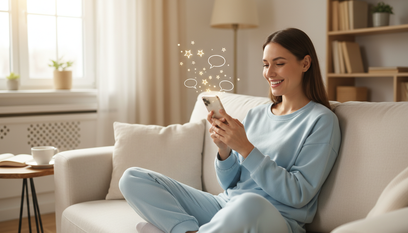 スマートフォンを見ながら、嬉しそうに微笑んでいる女性のイラスト。画面からはキラキラとした星のアイコンや吹き出し(文字なし)が浮かんでおり、商品の良いレビューを見て安心している様子を表現。女性自身も着心