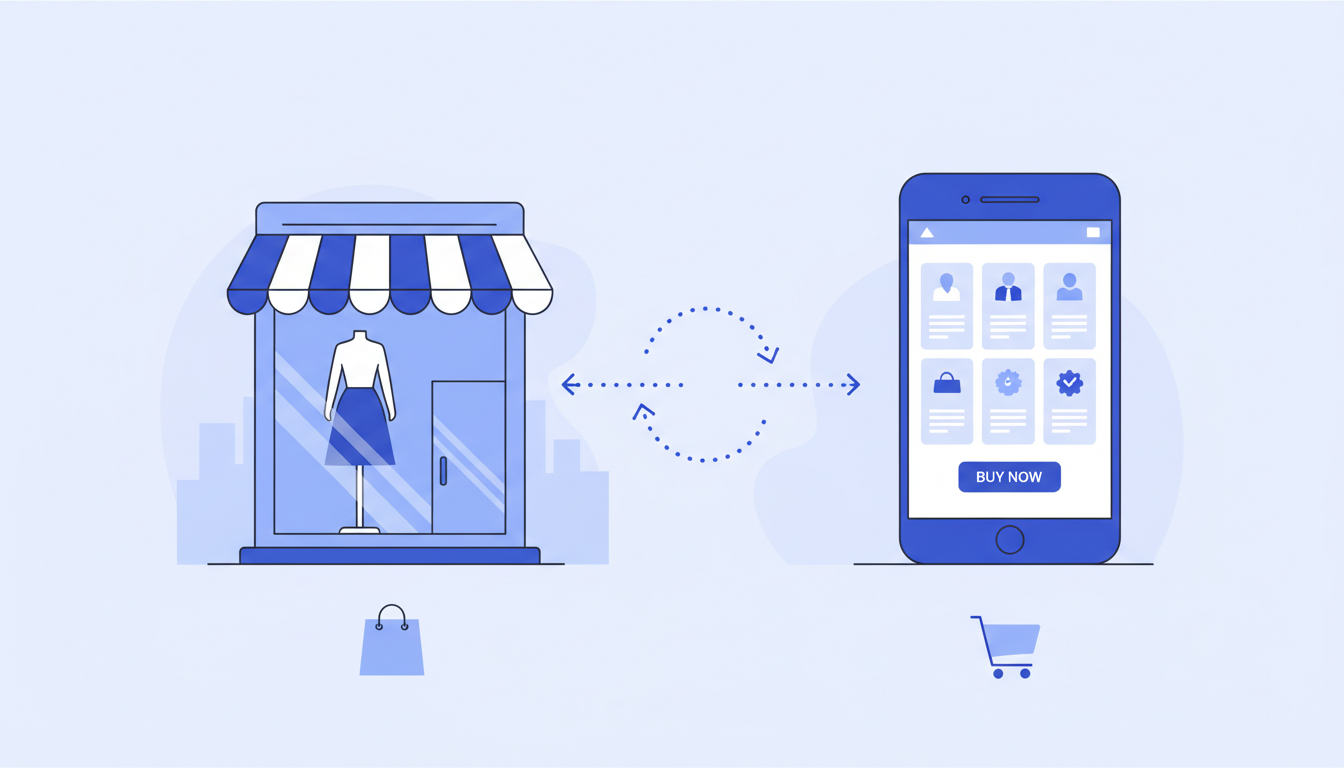 実店舗のショーウィンドウとスマートフォンの画面が並んで配置され、店舗購入とオンライン購入という複数の選択肢を分かりやすく示す図解風のベクターイラスト。清潔感のある青と白を基調としたフラットデザイン。