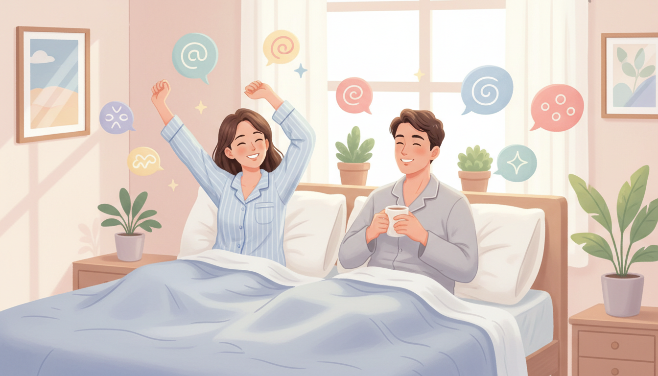 パジャマを着て快適に目覚めた笑顔の男女の周りに、複数の吹き出しが配置されているイラスト。ユーザーが商品の着心地や睡眠の質について満足げにレビューを語っている様子を表現した、パステルカラーの柔らかいタッ