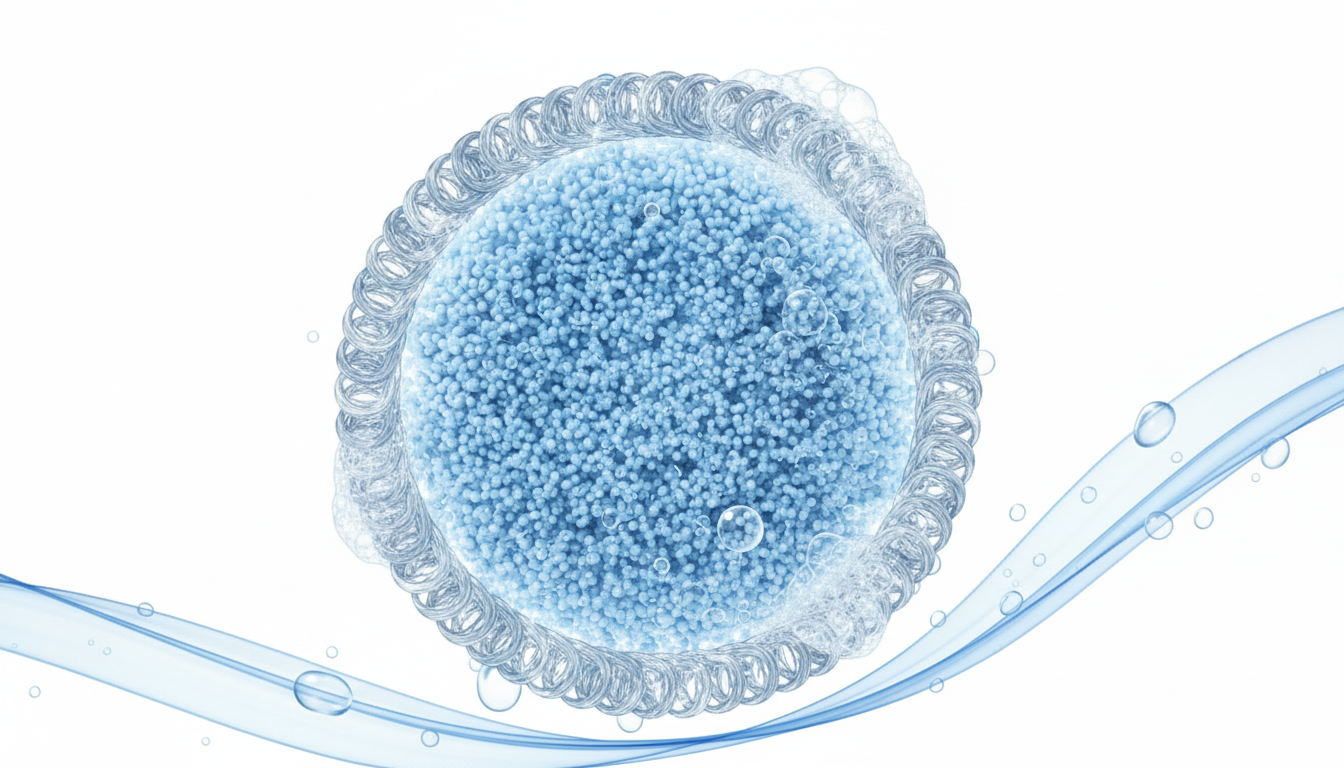 特殊な機能性繊維の断面図を描いた概念的イラスト。糸の内部に極小のセラミック粉末がしっかりと練り込まれている様子を表現し、外側から水や石鹸の泡で洗っても内部の成分が流れ落ちない仕組みを視覚的にわかりやす
