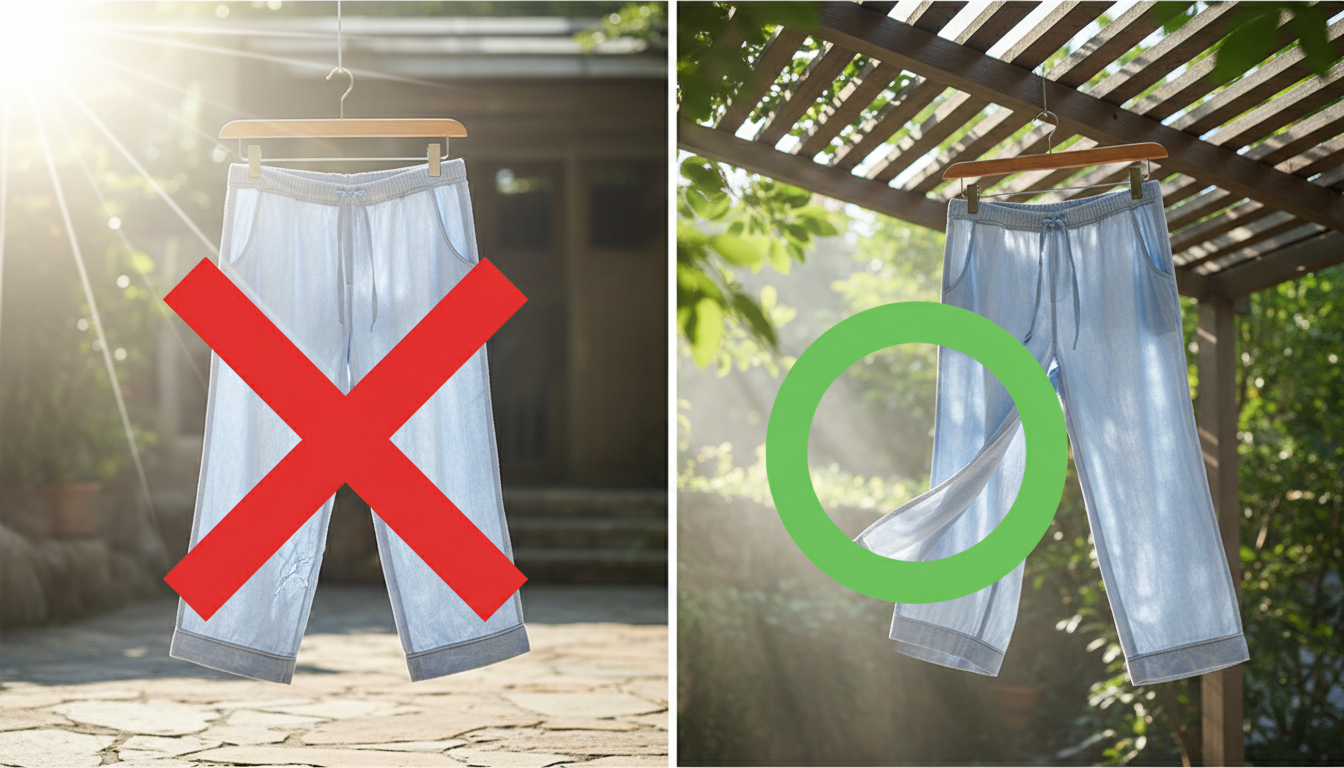 衣類の正しい干し方を比較したイラスト。左側には強い直射日光の下で干されてダメージを受けているパジャマにバツ印、右側には屋根のある風通しの良い日陰で厚みのあるハンガーにかけられ、優しく風に揺れているパジ