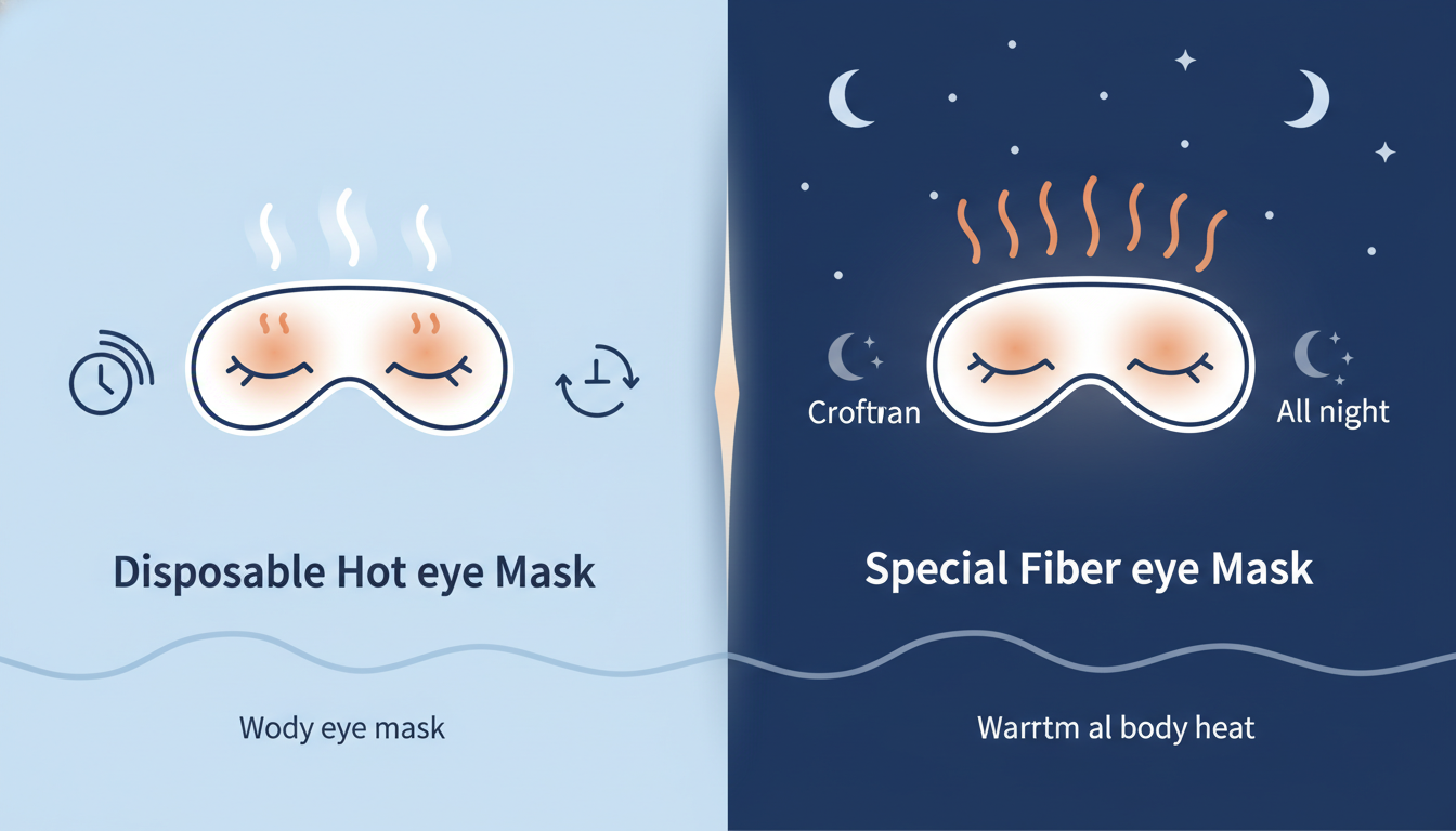 使い捨てホットアイマスクと特殊繊維のアイマスクの温まり方の違いを比較する図解イラスト。左側には「蒸気ですぐに温まり短時間で冷めるイメージ（湯気と時計のアイコン）」、右側には「自分の体温を利用してじんわ