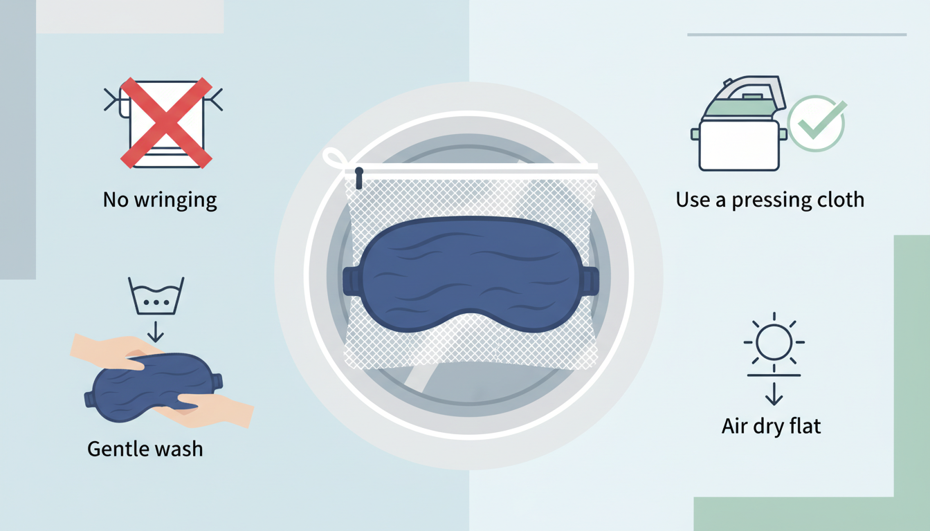 アイマスクの正しい洗濯方法を解説するフラットデザインのイラスト。洗濯ネットに入れたアイマスクの絵を中心に配置し、その周囲に「ねじり絞り禁止（バツ印）」「アイロンはあて布を使用（チェックマーク）」といっ