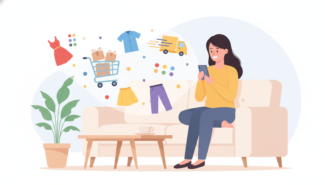 スマートフォンでオンラインショッピングをしている女性のイラスト。画面からはショッピングカートのアイコンや、色・サイズが異なる服のアイコン、スピーディーな配送を意味するトラックのアイコンが飛び出している