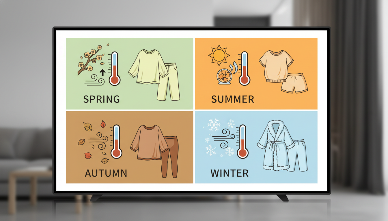 春夏秋冬それぞれの気候に合わせたルームウェアの選び方を示すインフォグラフィックイラスト。画面を4分割し、太陽が照りつける夏には風通しの良さそうな半袖のアイコン、雪が降る冬には厚手で暖かそうな長袖のアイ