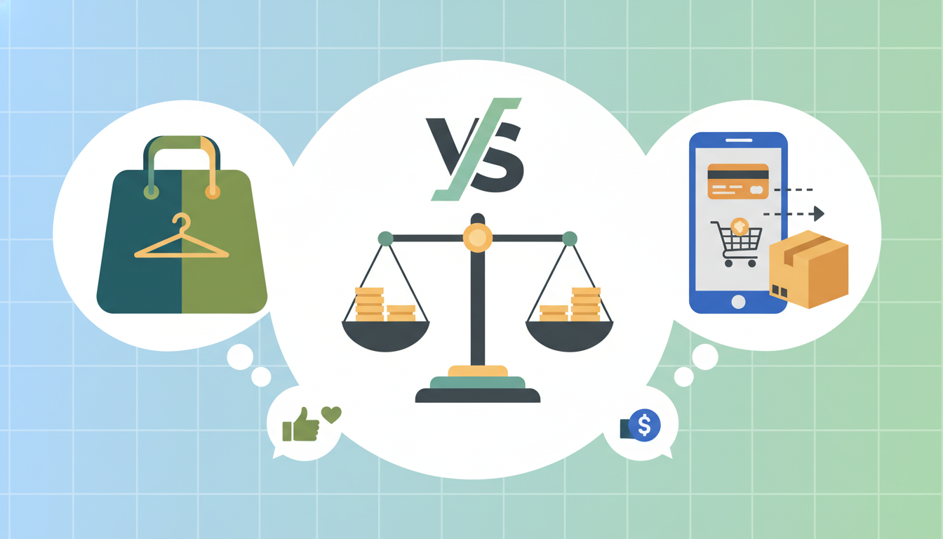 実店舗での購入とオンライン通販での購入を比較・検討している概念的なイラスト。左側にはおしゃれなアパレル店舗を連想させるショッピングバッグのアイコン、右側にはオンライン通販を連想させるスマートフォン画面