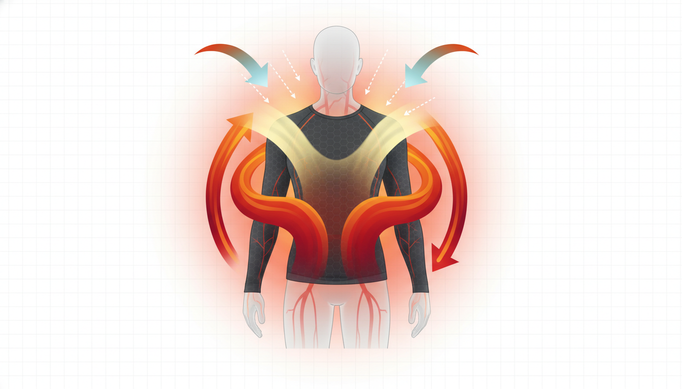 リカバリーウェアの特殊繊維が体温を吸収し、遠赤外線として身体に送り返す（輻射）メカニズムを説明する図解イラスト。人物の体幹シルエットを描き、そこから発せられた熱（体温）がウェアの生地に吸収され、赤やオ