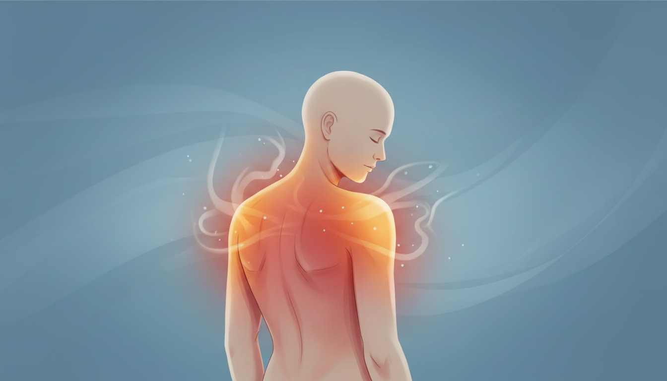 上半身の筋肉（肩まわり、背中、胸）がじんわりと温かくなり、リラックスしていることを表現した概念的なイラスト。落ち着いたブルー系の背景の中、人物の上半身部分にオレンジや赤のグラデーションがかかっており、