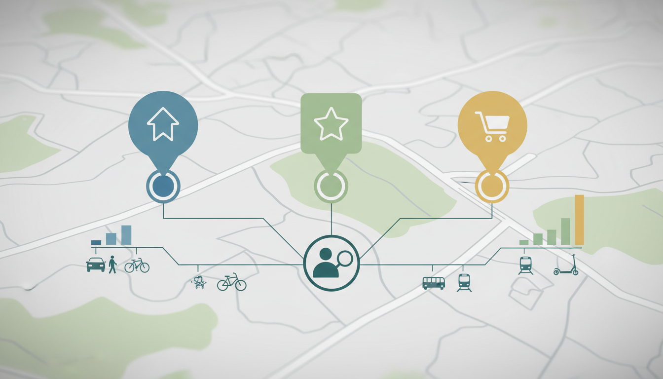 複数の店舗を比較検討している様子を表す概念的なイラスト。地図上に配置された3つのショップのアイコンを並べて比較しているデザイン。アクセスや店舗ごとの特徴を見比べて、自分に最適な店舗を探している状況を視