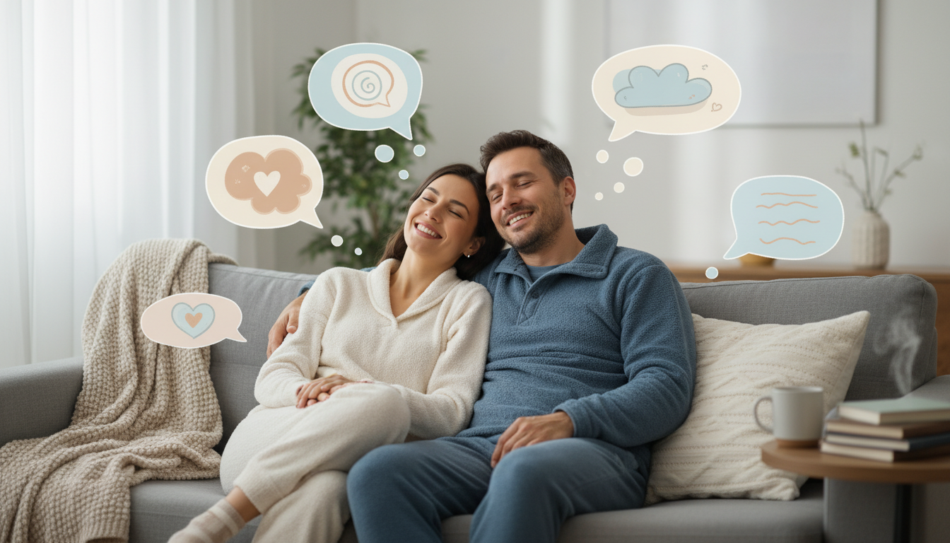 着心地の良いルームウェアを着てリラックスしている笑顔の男女のイラスト。人物の周りには複数の吹き出しが浮かんでおり、商品の暖かさや肌触りの良さについて感想を話し合っているような構図。愛用者の口コミやユー