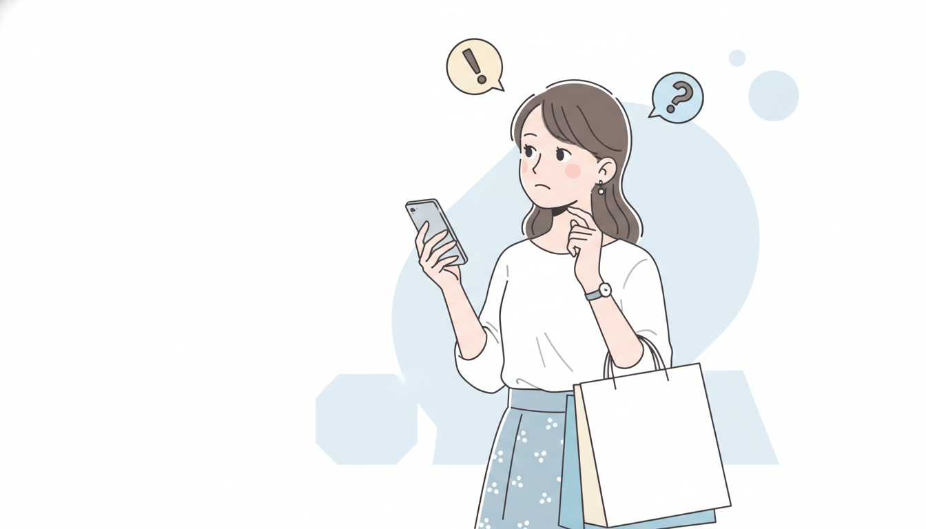 実店舗でのショッピングにおける注意点を表現したイラスト。スマートフォンを片手に持ちながら、もう片方の手で少し大きめのショッピングバッグ（紙袋）を持っている若い女性。少し困ったような、あるいは考えている