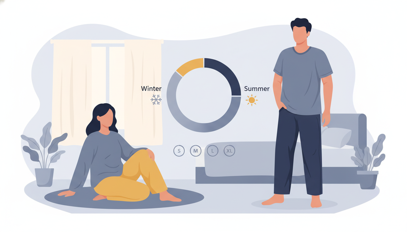 ルームウェアのサイズ選びと季節ごとの種類を比較するインフォグラフィック風のイラスト。ゆったりとしたシルエットの長袖パジャマを着てリラックスしている人物と、半袖の通気性が良さそうなパジャマを着ている人物
