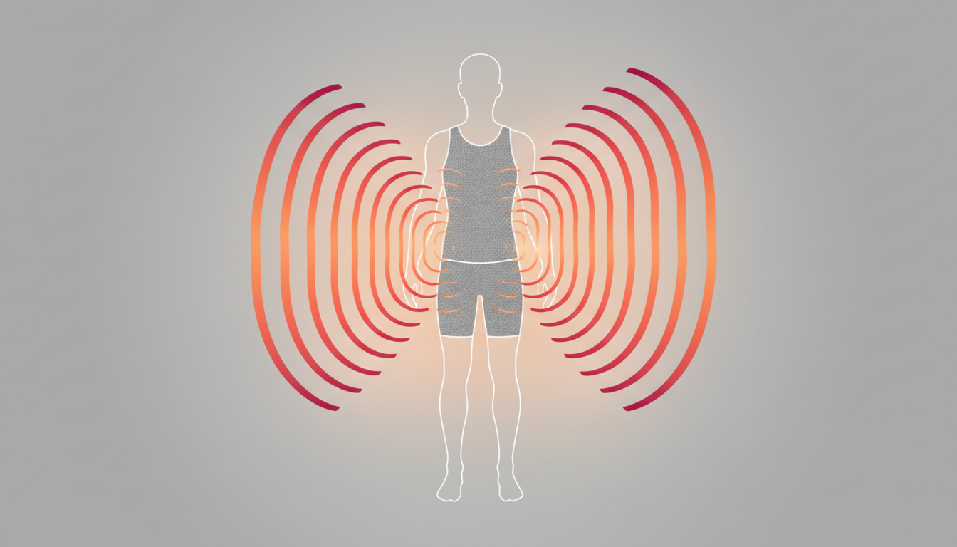 リカバリーウェアの血行促進メカニズムを説明する図解イラスト。人体モデルのシルエットの周りに、体から発せられた熱（遠赤外線）が衣類の繊維に吸収され、再び体へと跳ね返る（輻射）様子を、温かみのあるオレンジ