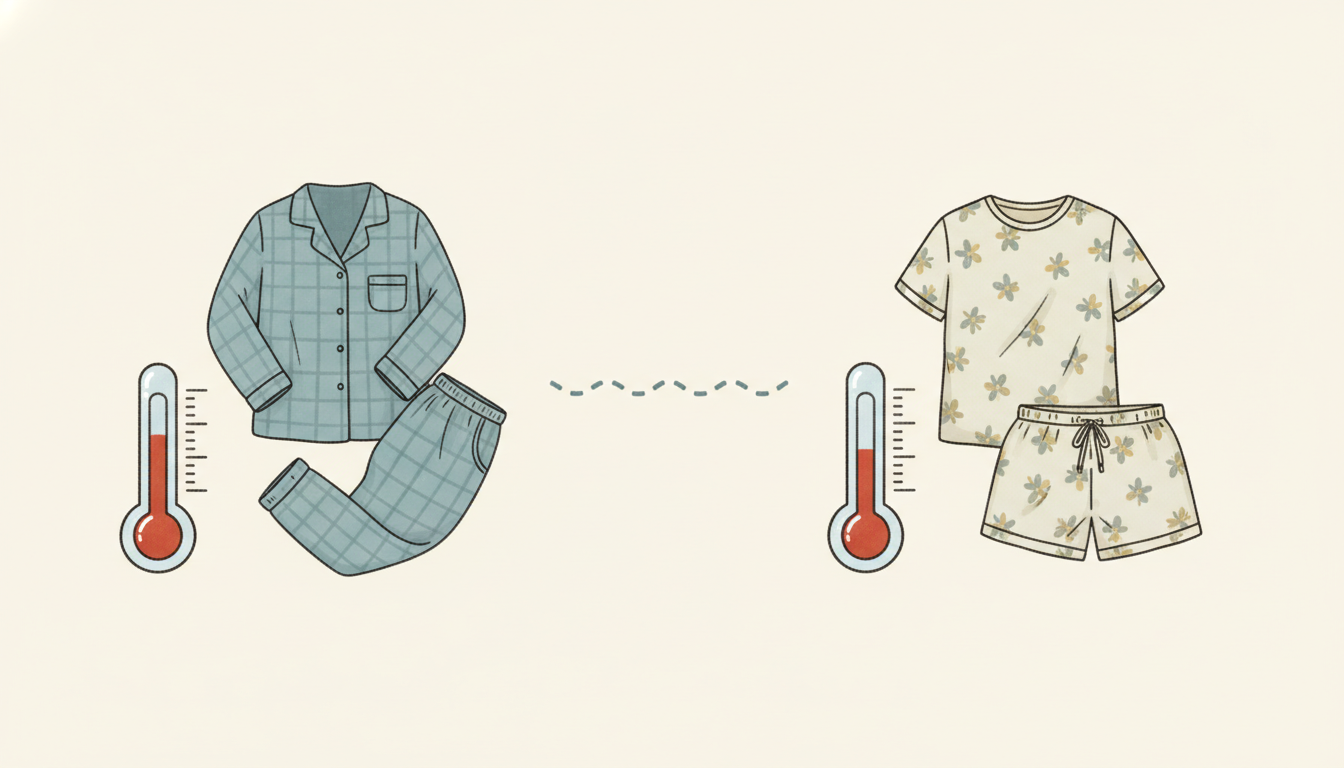 気温に応じたパジャマの使い分けを示す比較図解イラスト。画面を左右に分割し、左側には「15℃」を示す温度計のアイコンと長袖パジャマのイラスト、右側には「20℃」を示す温度計のアイコンと半袖パジャマのイラ