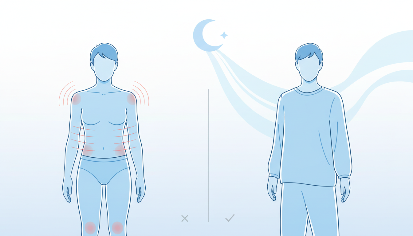 リカバリーウェアのサイズ選びのポイントを解説する比較イラスト。左側には体にぴったりとフィットしすぎて窮屈そうなウェアを着た人物のシルエット、右側には適度なゆとりがありリラックスして快適そうにしている人
