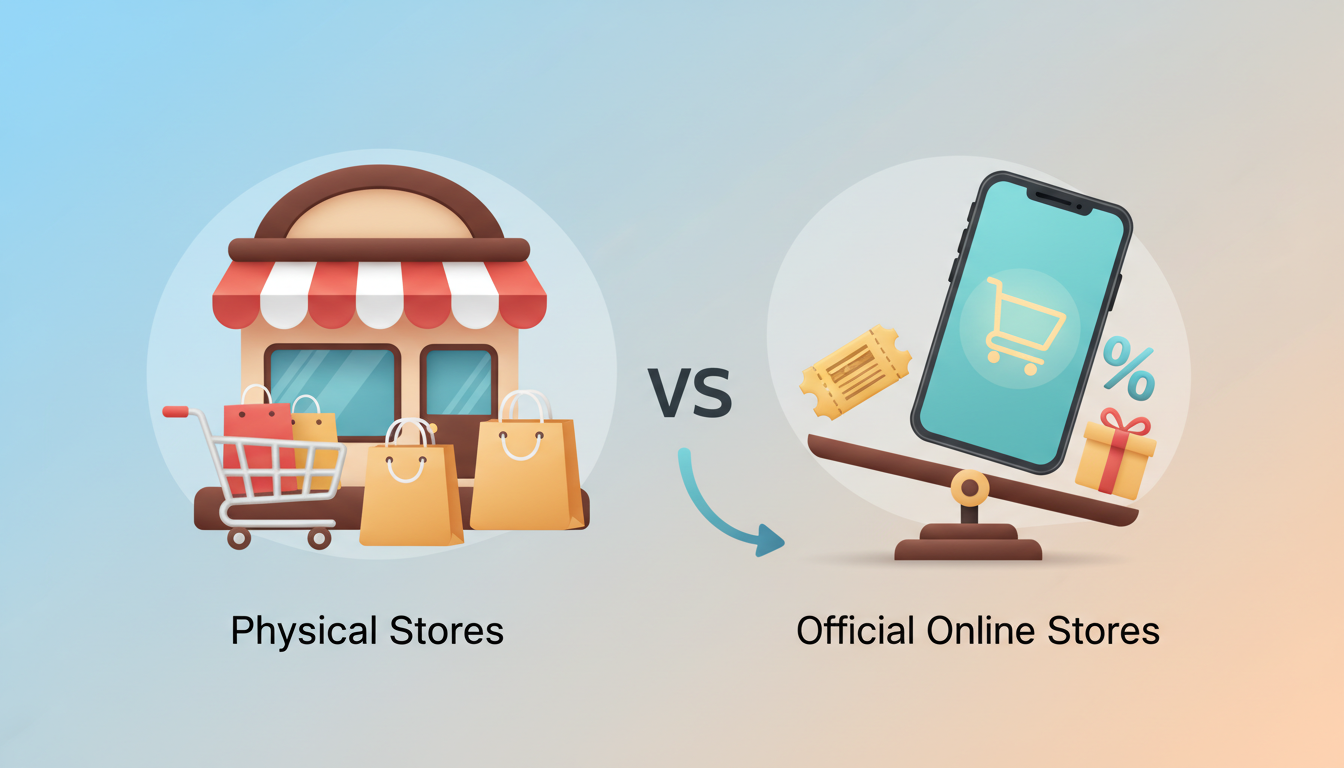 実店舗と公式オンラインストアでの購入メリットを比較するインフォグラフィック風のイラスト。左側には実店舗のアイコン（ショップの建物やショッピングバッグ）、右側にはスマートフォンの画面と割引クーポン、パー