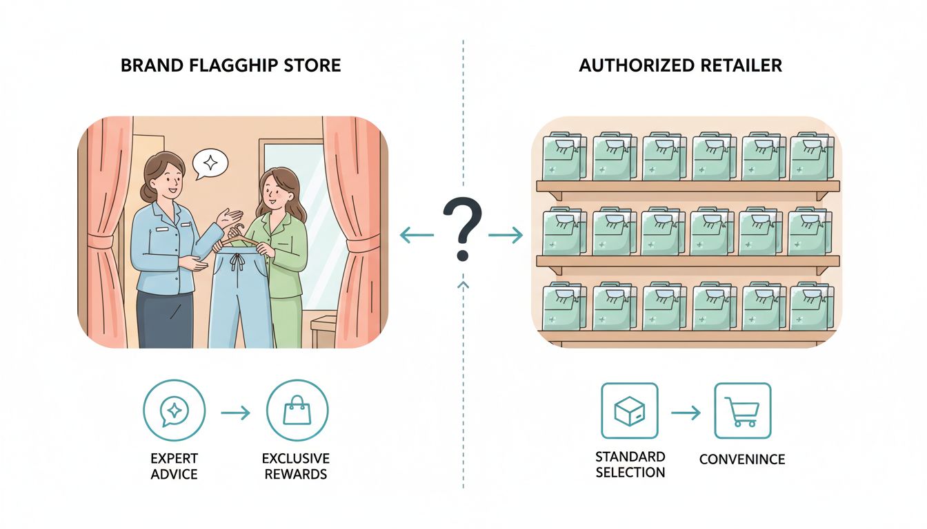 直営店と一般取扱店のサービスの違いを比較する図解イラスト。左側には「直営店」として、専門スタッフが笑顔でパジャマの試着を案内している様子とポイントのアイコン。右側には「一般店舗」として、パッケージに入