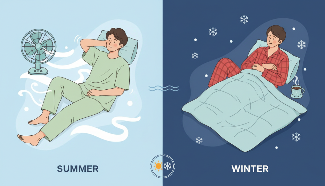 夏と冬の気候に合わせたパジャマの選び方を比較する図解イラスト。画面の左半分は「夏」をテーマに、扇風機や通気性の良さそうな涼しげな半袖パジャマ、右半分は「冬」をテーマに、雪の結晶や保温性の高そうな長袖の