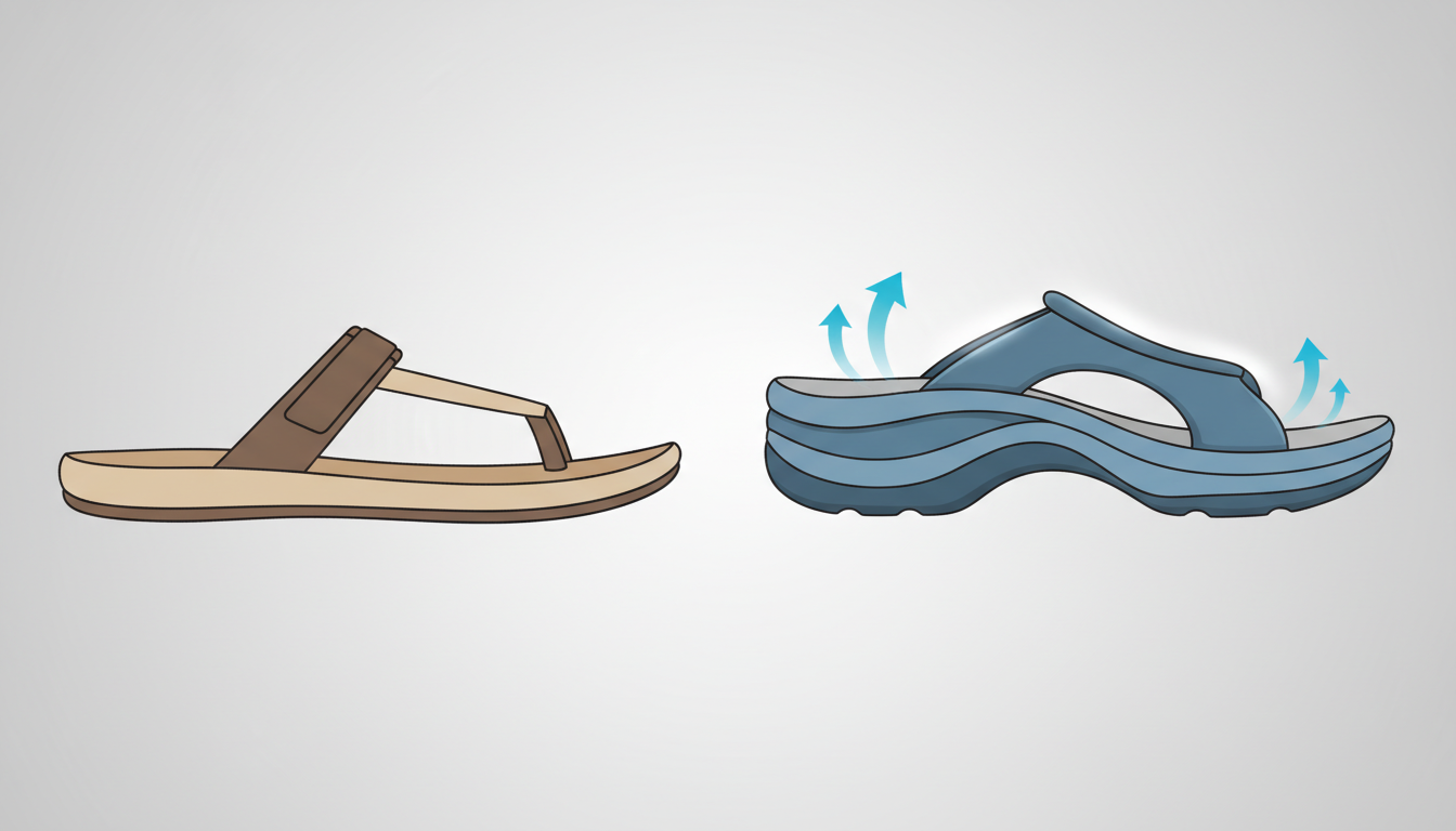 一般的なサンダルと機能性サンダルの構造の違いを比較する図解風イラスト。左側には底が薄く平らな普通のサンダル、右側には厚みのあるクッション素材と土踏まずを支える立体的なアーチ構造を持ったサンダルが描かれ