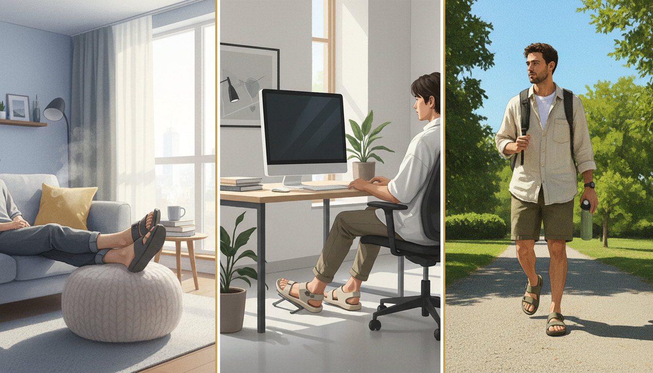 機能性サンダルの様々な使用シーンを3分割で表現したコンセプトイラスト。左側は清潔感のあるリビングでルームシューズとしてリラックスして履いている様子、中央はオフィスでデスクワーク中に足元を休めている様子