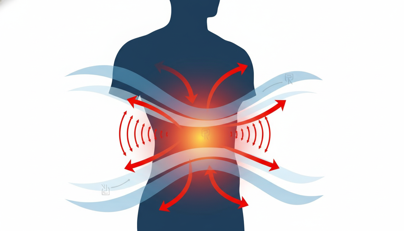 人物の体のシルエットを使用し、お腹周りが赤やオレンジ色でじんわりと温かくなっている様子を示す図解イラスト。体から発せられた熱が特殊な生地の層で反射して体に戻る「輻射（ふくしゃ）」の仕組みを、矢印や波線