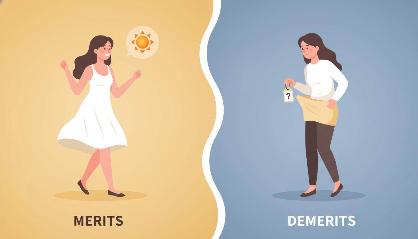 左右の分割レイアウトを使った比較図解イラスト。左側には「メリット」として、薄手で洋服に響かず快適に過ごしている笑顔の女性とぽかぽかしたアイコン。右側には「デメリット」として、少し価格を気にしたりフィッ