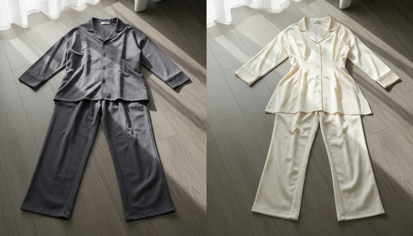 男性用のゆったりとしたダークカラーのパジャマと、女性用の少し着丈が長くシルエットが整った明るいカラーのパジャマが左右に並べて配置され、男女それぞれのサイズ感やデザインの違いを視覚的に比較できるようなイ