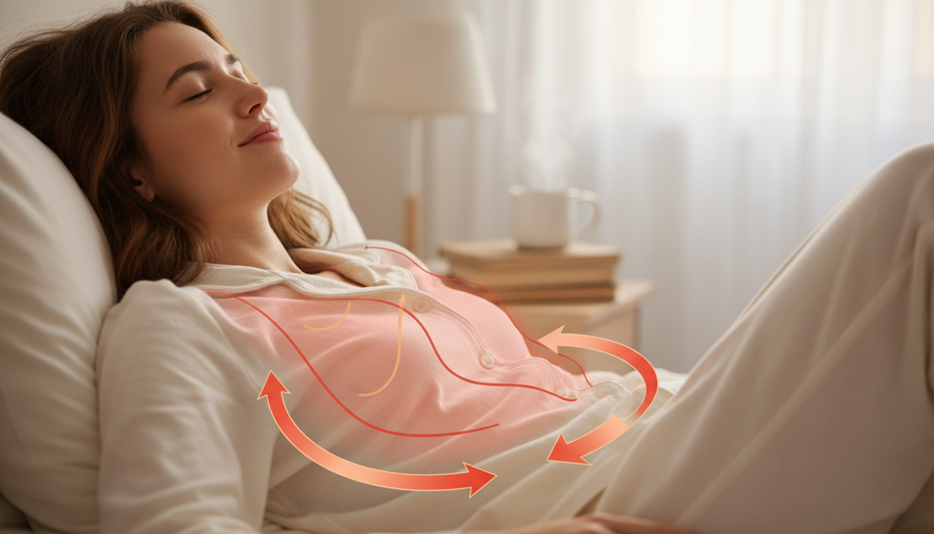 人物がパジャマを素肌に直接着ている様子を描いたイラスト。体から発せられる熱がパジャマの生地に当たり、じんわりと温かくなって体に戻ってくる仕組みを、分かりやすい波線や矢印で表現した図解風のイメージ。